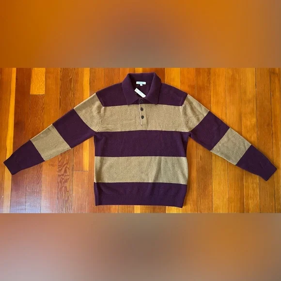 NWT Madewell Rugby-Stripe Sweater Polo Wool & Cashmere - Tan & burgundy Medium - Picture 8 of 9